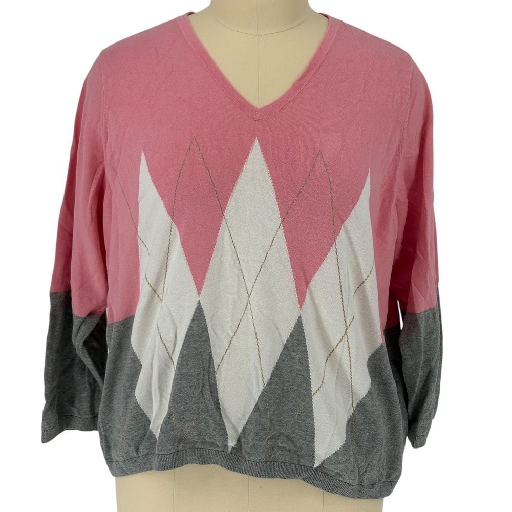 Tommy Hilfiger Sweater Pink Grey Argyle 100% Cotton 3X